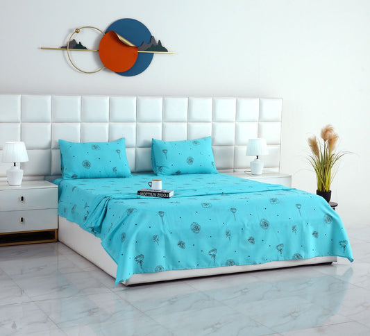 3 PCs Double Bed Sheet-Aqua Abstract Flower