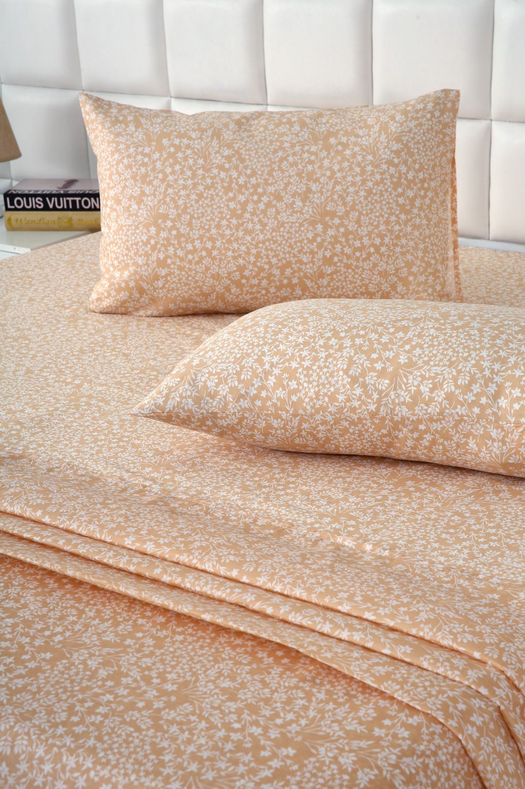 3 PCs Double Bed Sheet-Beige Bloom Bed Sheets Apricot