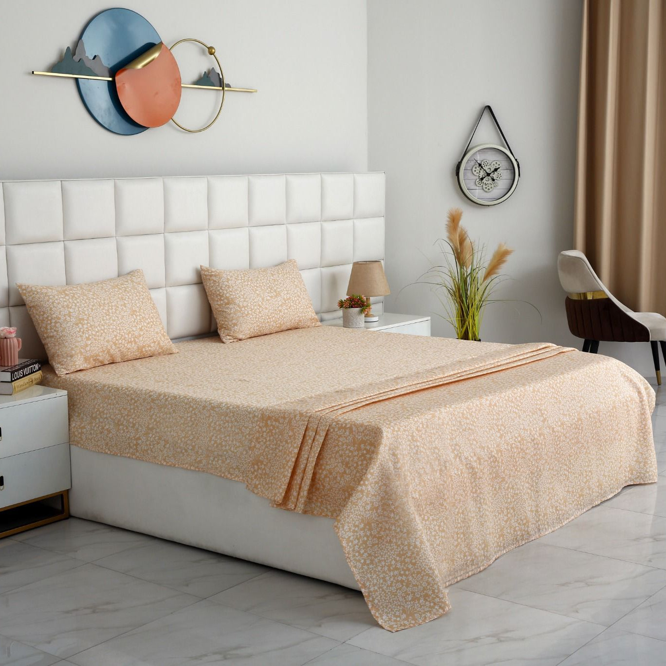 3 PCs Double Bed Sheet-Beige Bloom Bed Sheets Apricot