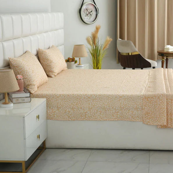 2Pcs Single Bed Sheet- Beige Bloom single bed sheet Apricot