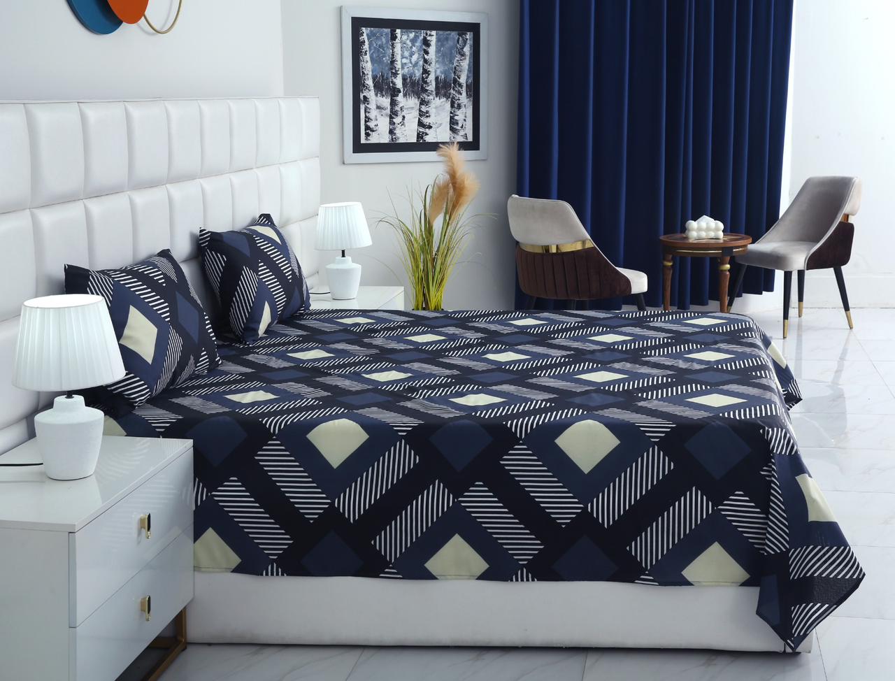 3 PCs Double Bed Sheet-Black Art Bed Sheets Apricot