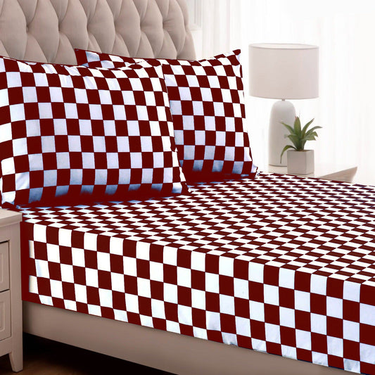 3 PCs Double Bed Sheet-Red Chess Bed Sheets Apricot