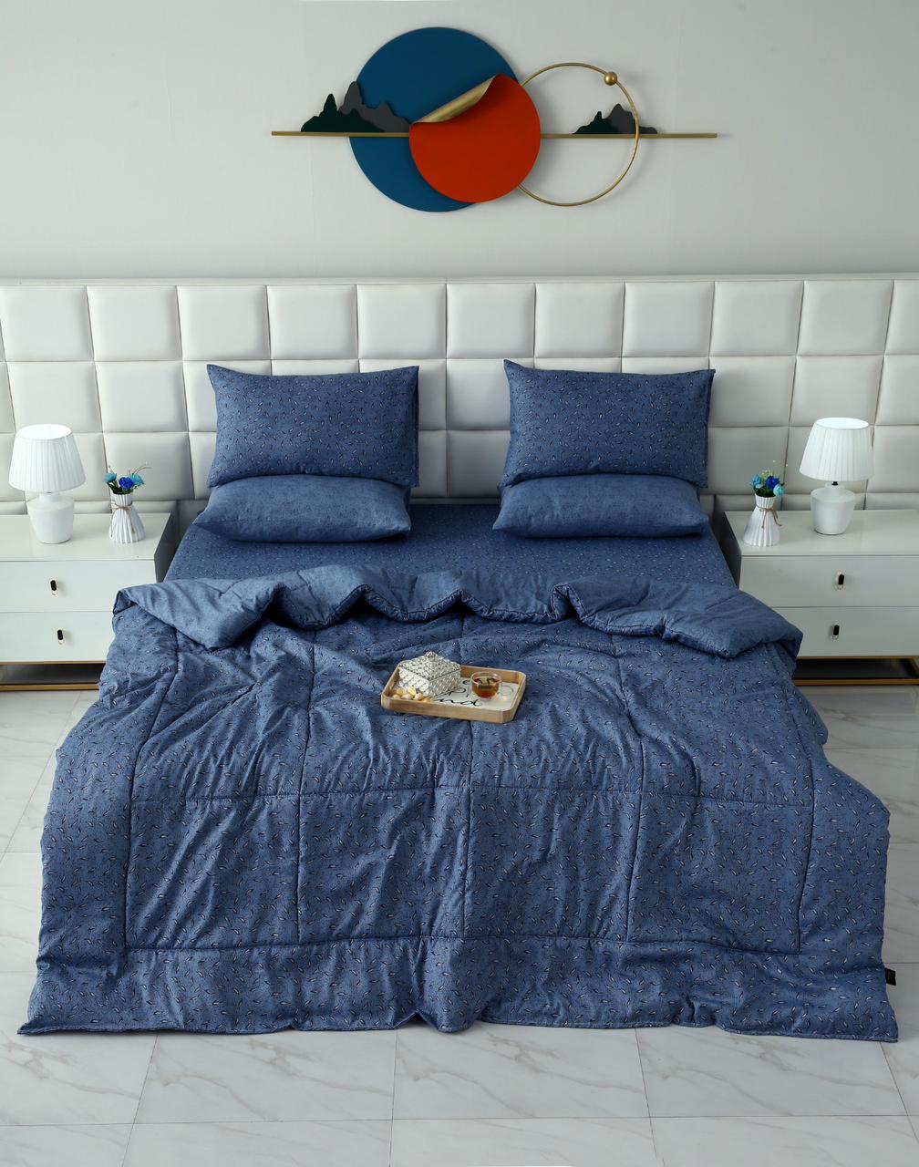 6 PCs Summer Comforter Set-Blue Feathers Bed Spread Apricot