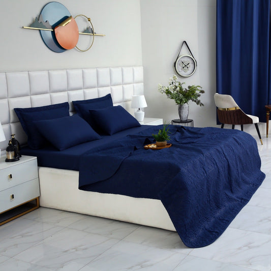 6 PCs Luxury Bed Spread Set-Navy Blue Bed Spread Apricot