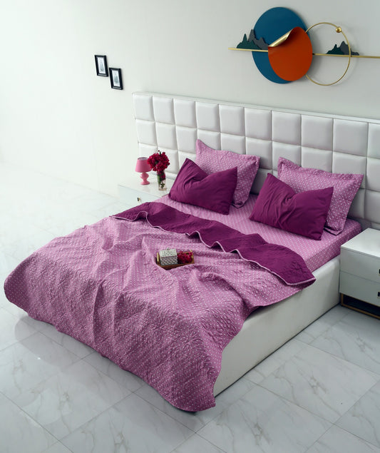 6 PCs Luxury Bed Spread Set-Lilac Polka Bed Spread Apricot