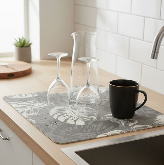 Anti Slip Dish Drying Mat-Grey Leaf Rugs Apricot