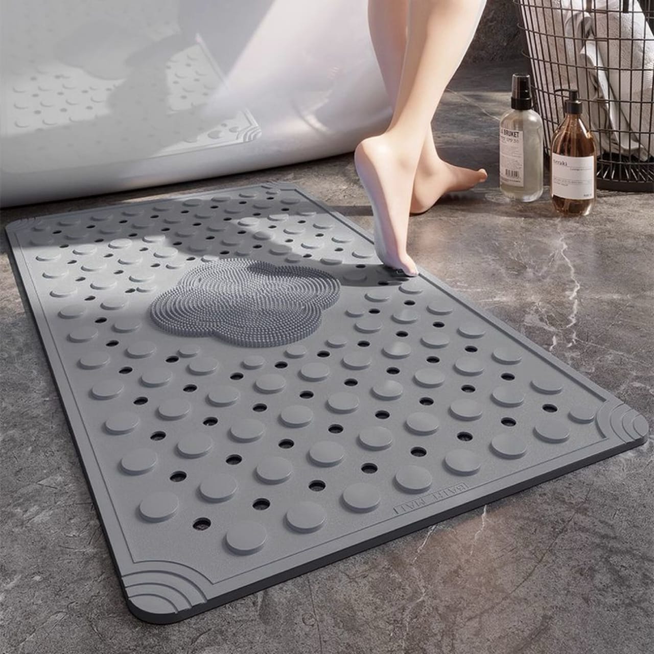 Anti Slip PVC Bathroom Mat With Foot Scrubber (SA2510-114)Grey – Apricot