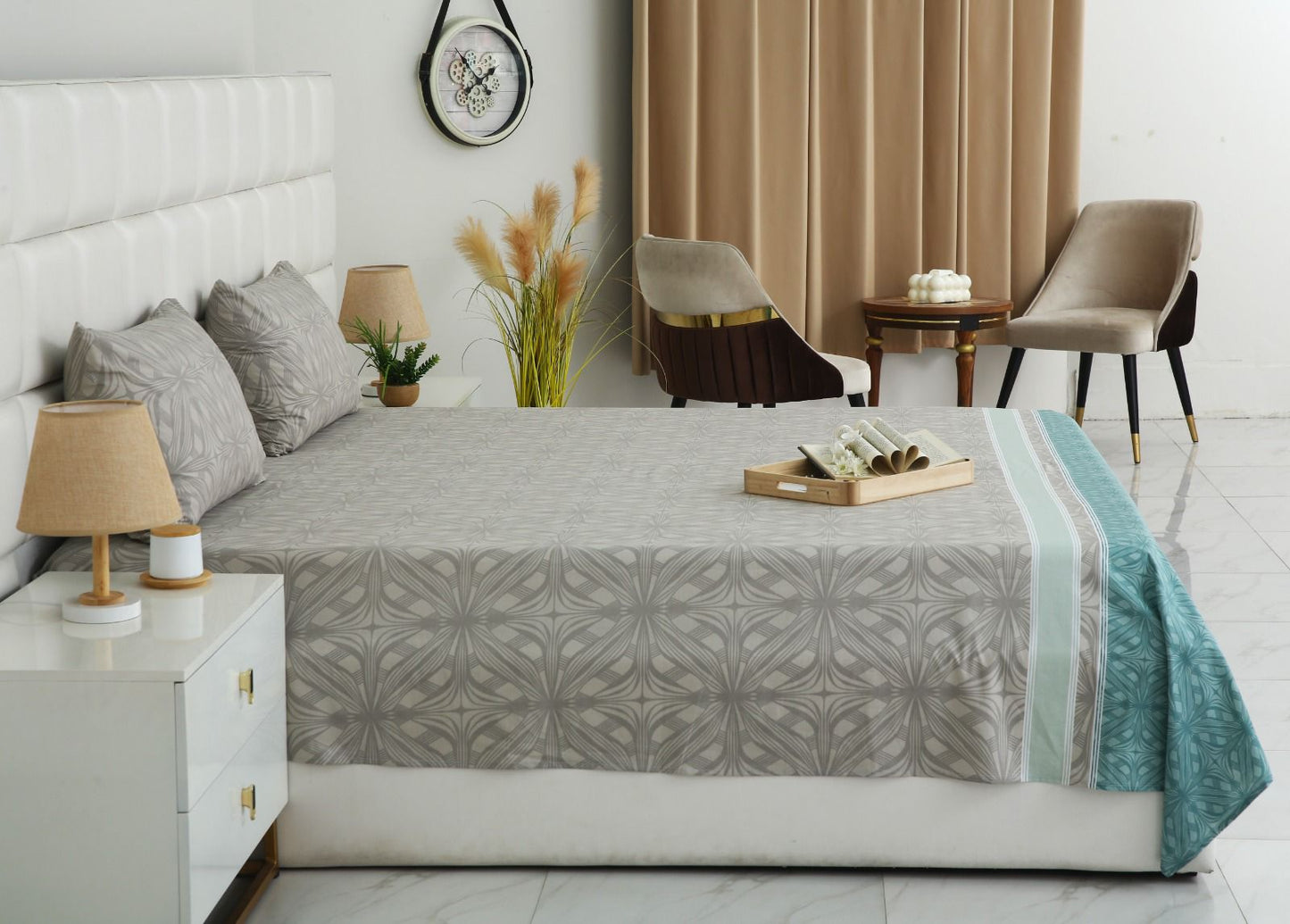3 PCs Double Bed Sheet With Same Packing-Symmetric Floral Bed Sheets Apricot