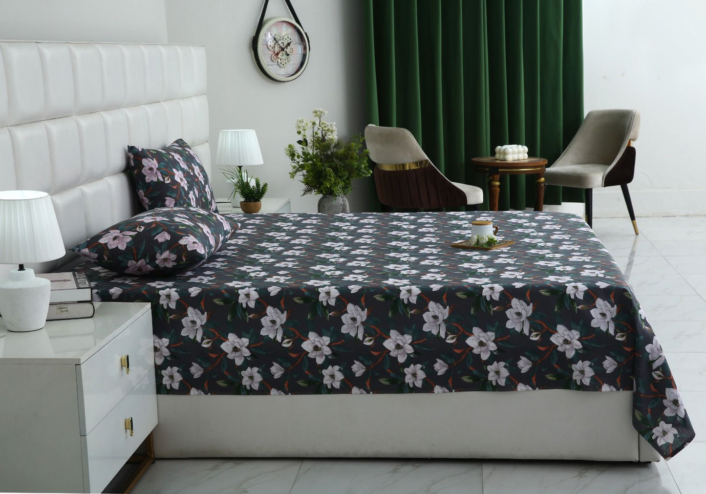 3 PCs Double Bed Sheet With Same Packing-White Blossom Bed Sheets Apricot