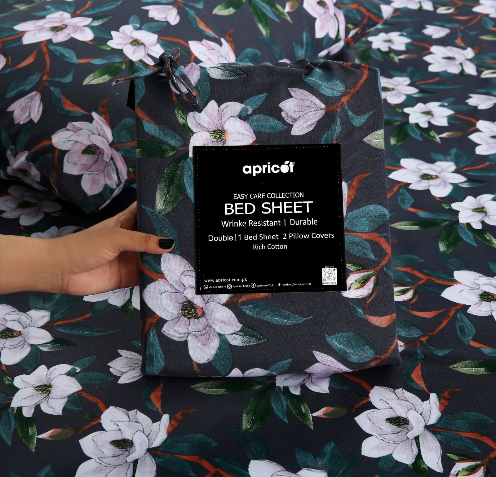 3 PCs Double Bed Sheet With Same Packing-White Blossom Bed Sheets Apricot