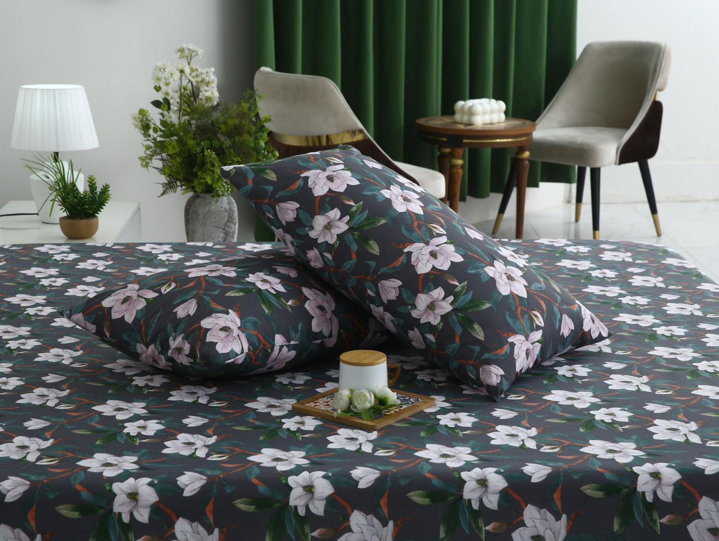 3 PCs Double Bed Sheet With Same Packing-White Blossom Bed Sheets Apricot