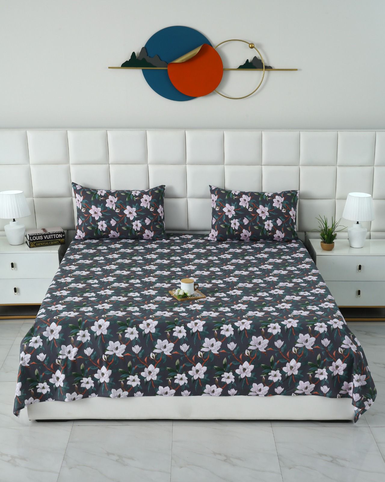 3 PCs Double Bed Sheet With Same Packing-White Blossom Bed Sheets Apricot