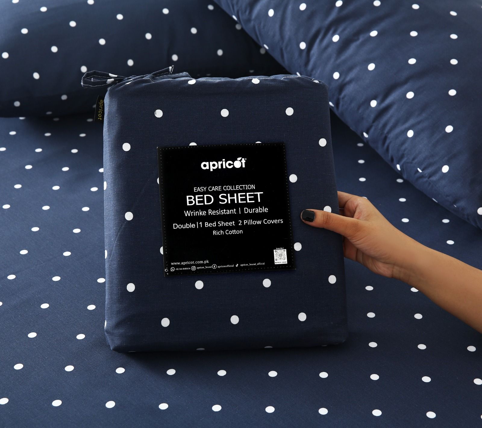 3 PCs Double Bed Sheet With Same Packing- Blue Polka Bed Sheets Apricot
