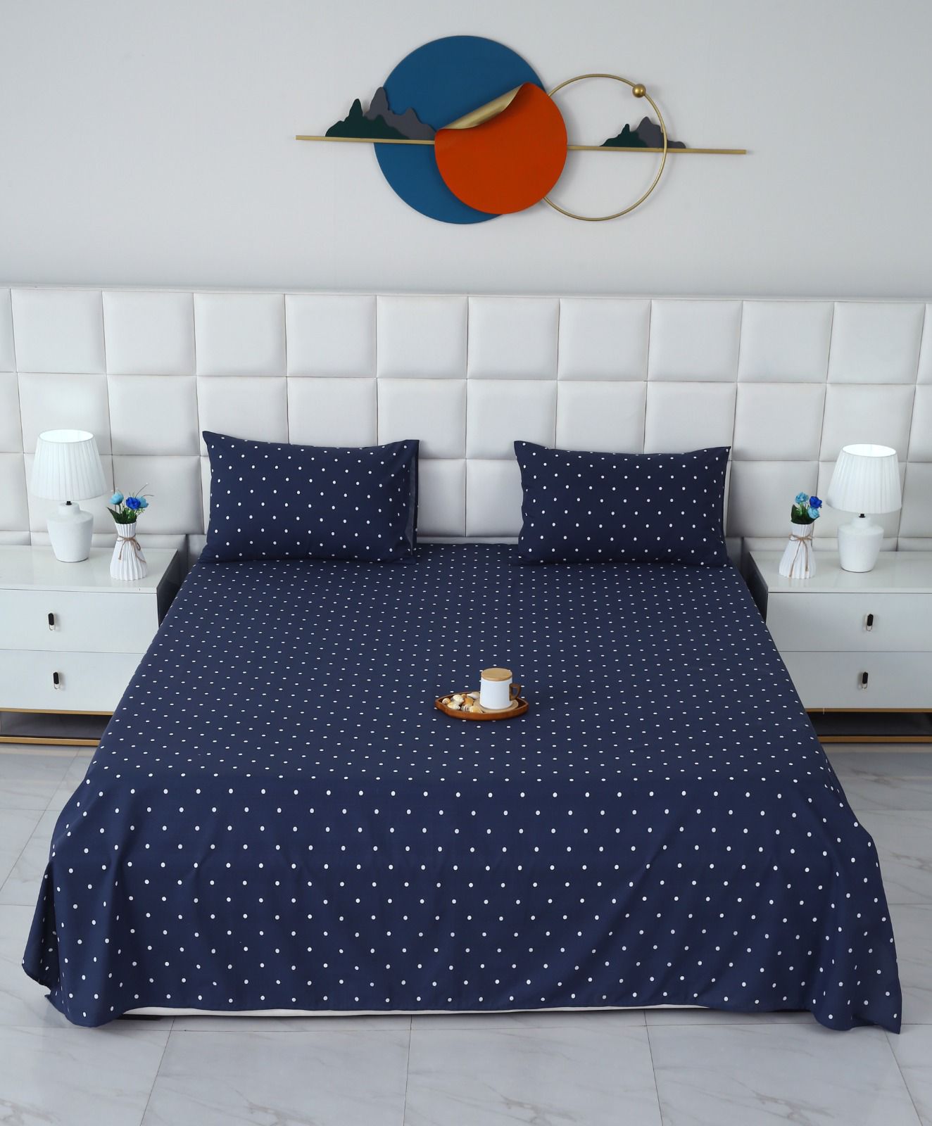3 PCs Double Bed Sheet With Same Packing- Blue Polka Bed Sheets Apricot