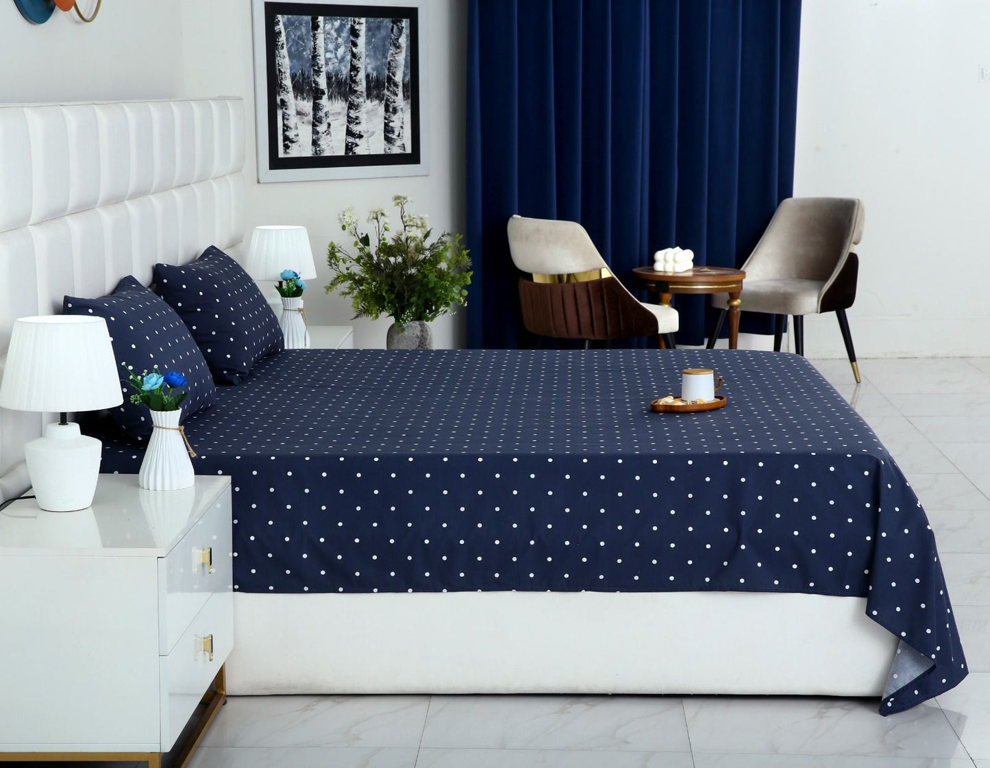 3 PCs Double Bed Sheet With Same Packing- Blue Polka Bed Sheets Apricot
