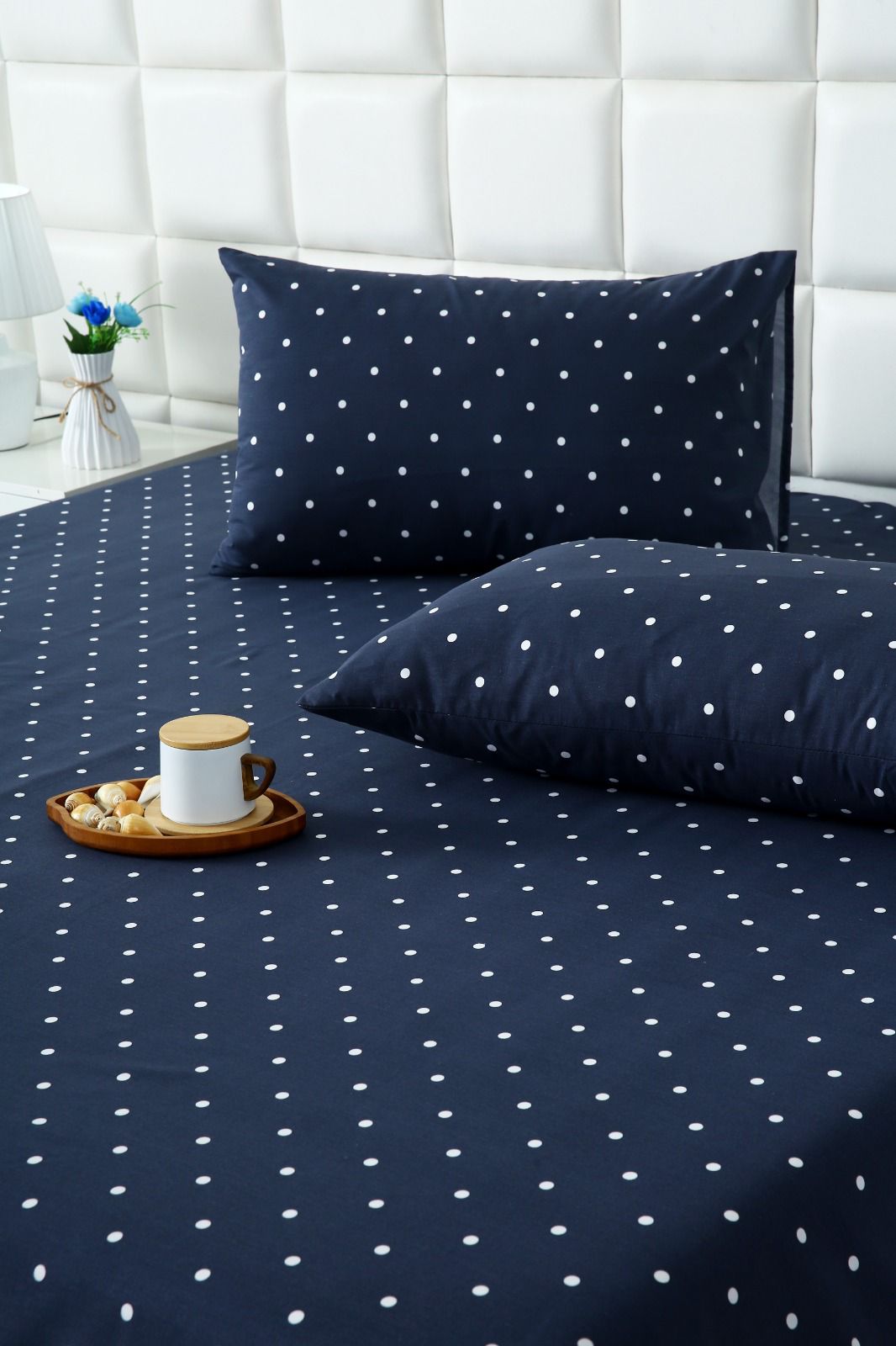 3 PCs Double Bed Sheet With Same Packing- Blue Polka Bed Sheets Apricot