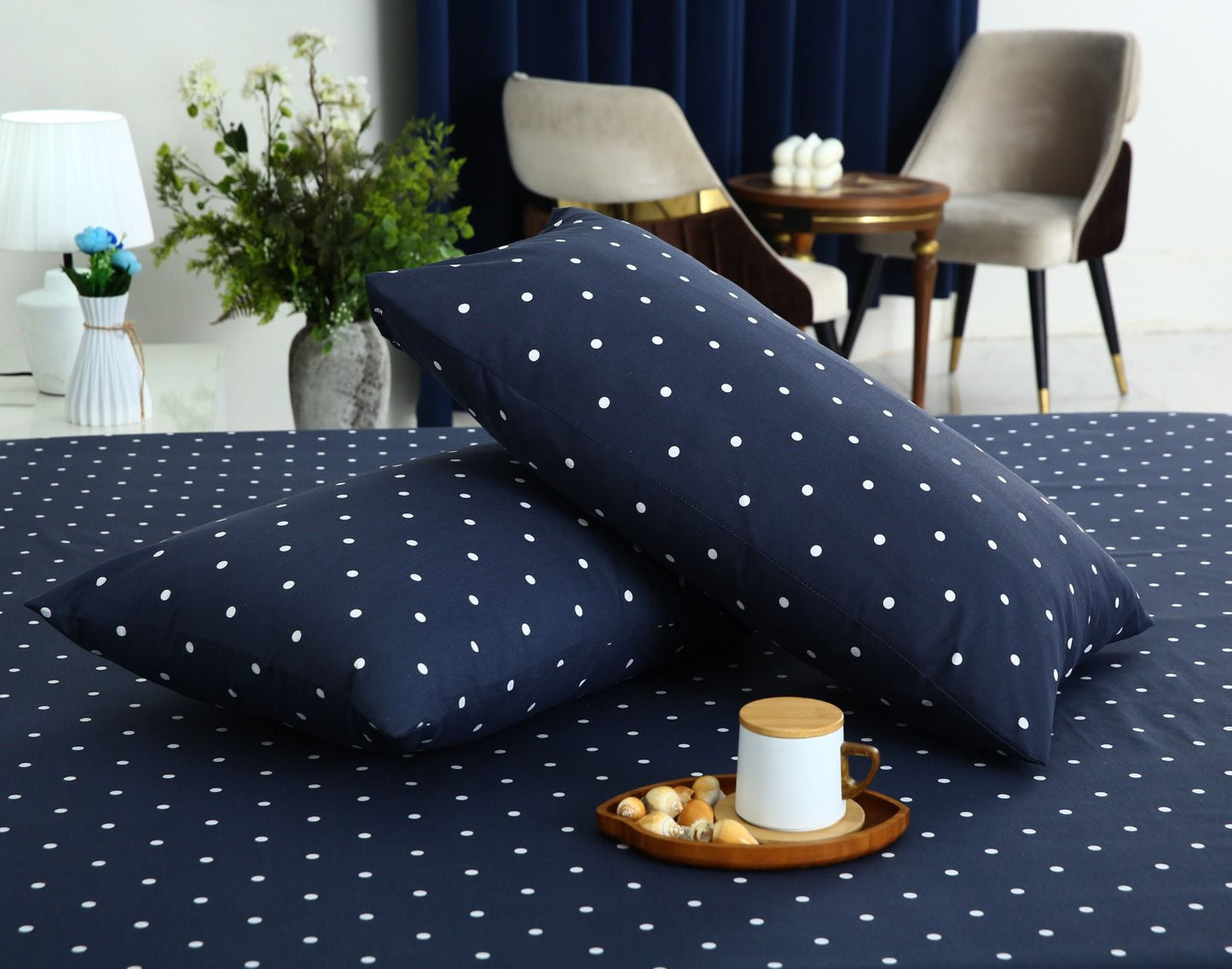 3 PCs Double Bed Sheet With Same Packing- Blue Polka Bed Sheets Apricot