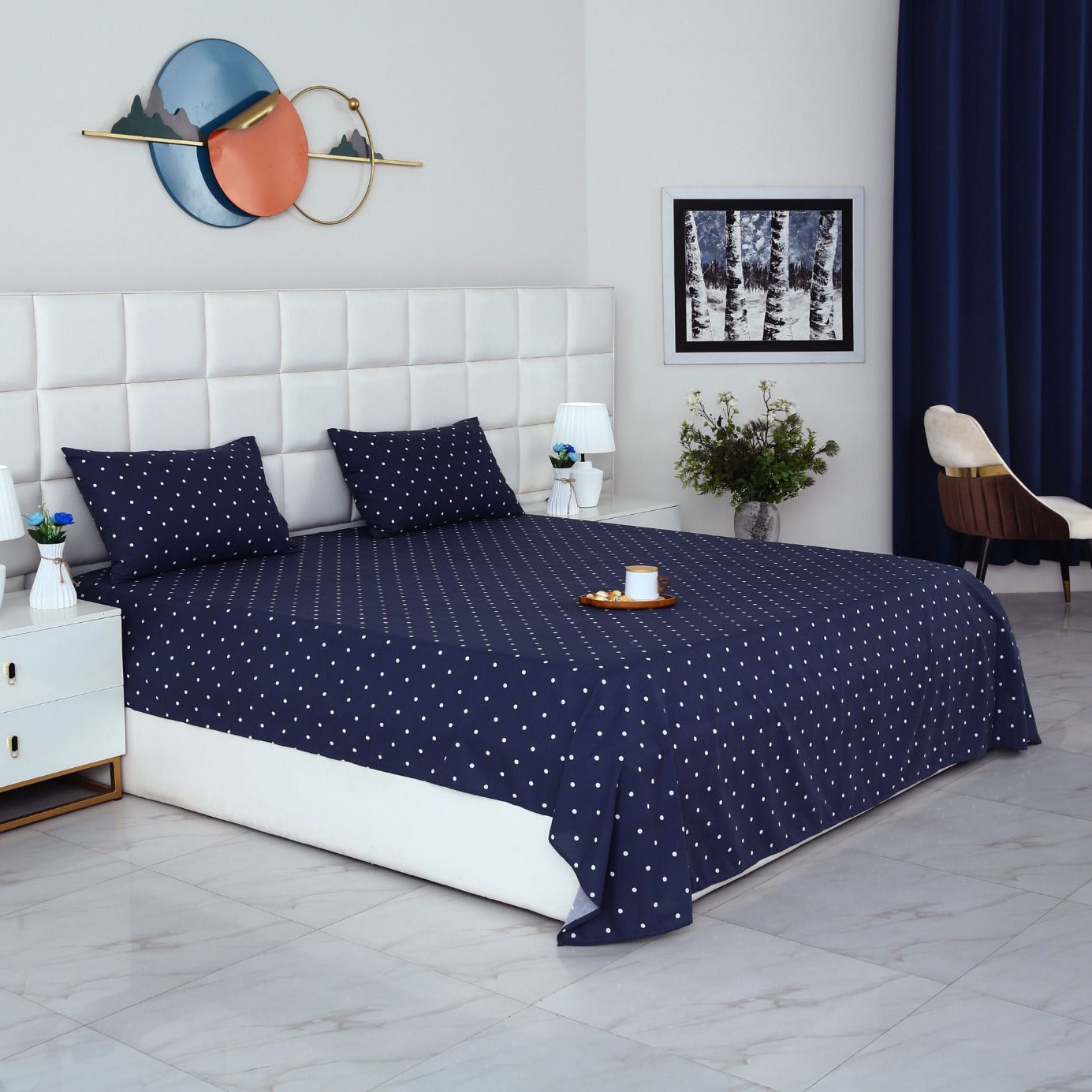 3 PCs Double Bed Sheet With Same Packing- Blue Polka Bed Sheets Apricot