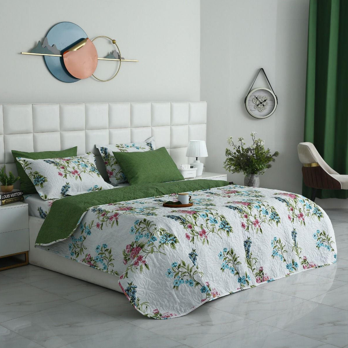 6 PCs Bed Spread Set- Green Lotus Bed Spread Apricot