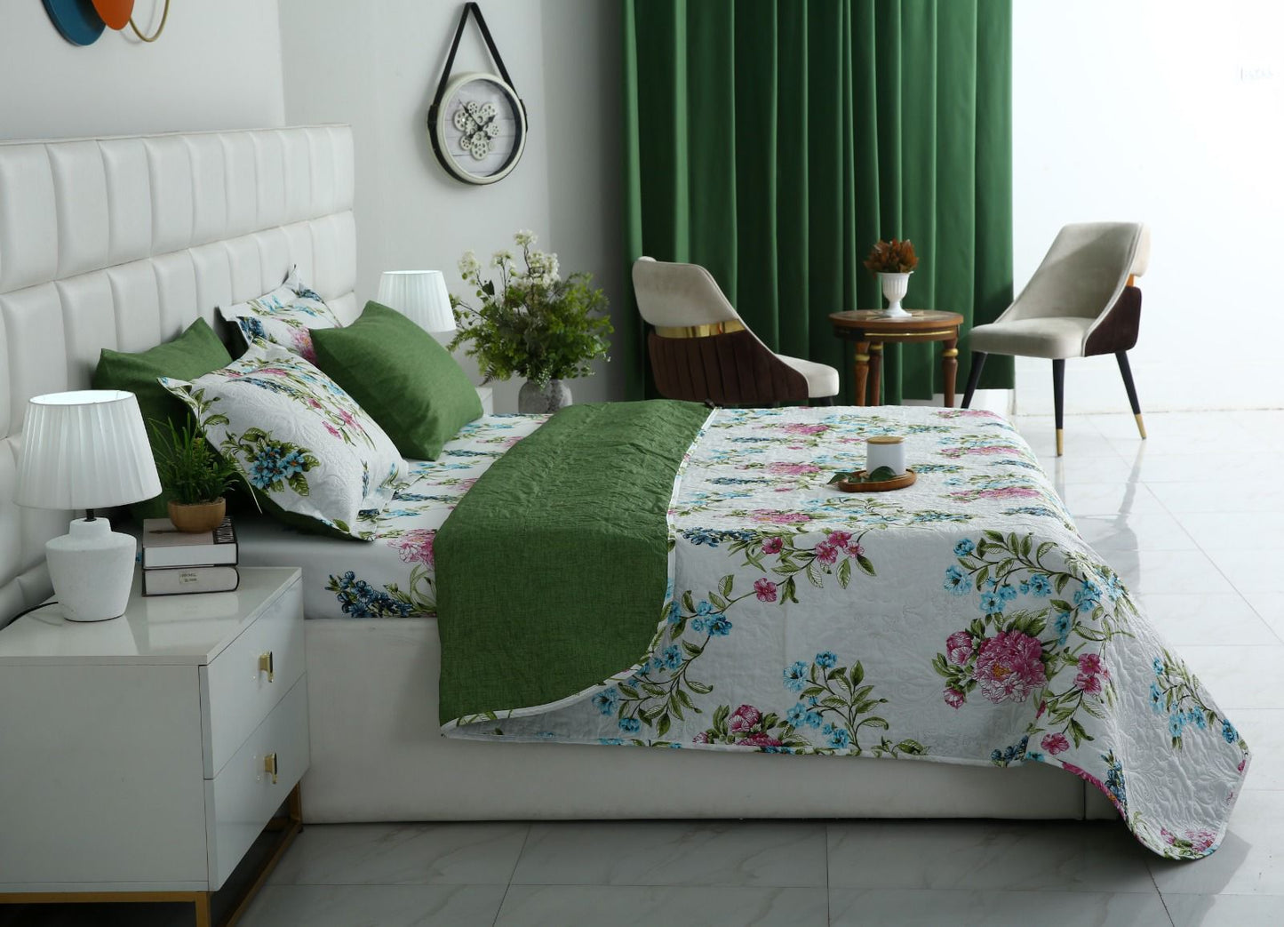6 PCs Bed Spread Set- Green Lotus Bed Spread Apricot