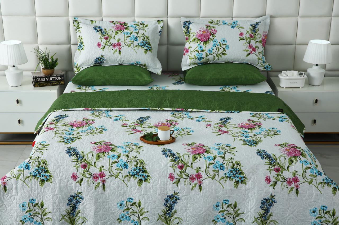 6 PCs Bed Spread Set- Green Lotus Bed Spread Apricot