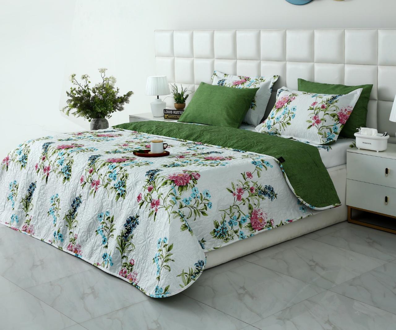 6 PCs Bed Spread Set- Green Lotus Bed Spread Apricot