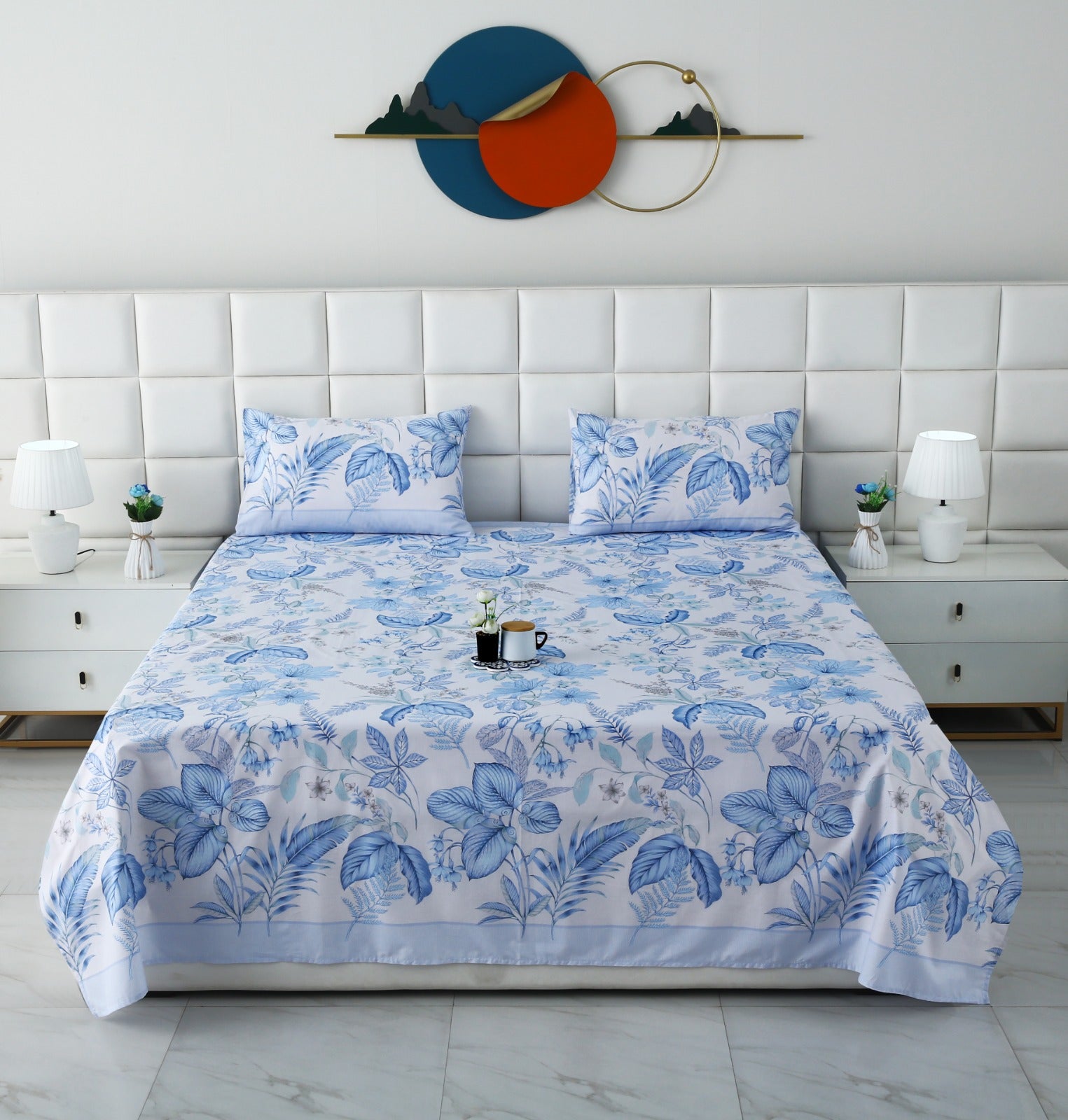 3 PCs Double Bed Sheet With Same Packing-Blue hawaii Bed Sheets Apricot