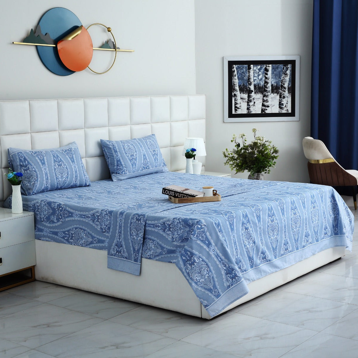 3 PCs Double Bed Sheet With Same Packing-Bouquet Nature Bed Sheets Apricot