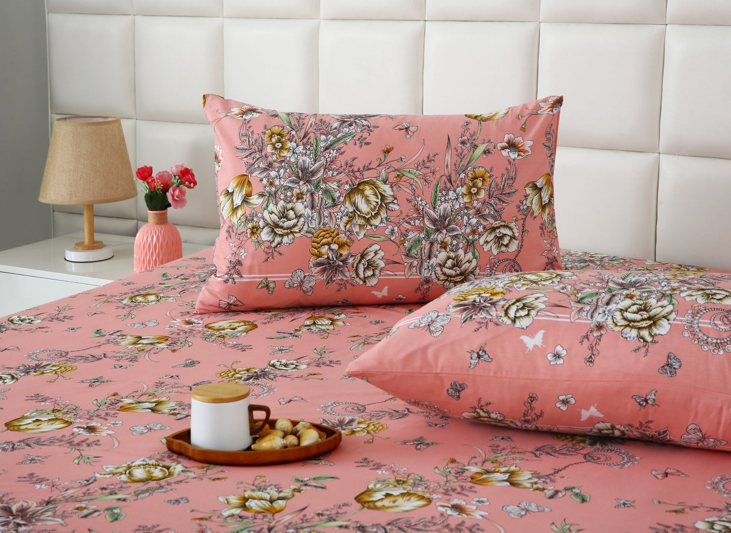 3 PCs Double Bed Sheet With Same Packing- Beatrice Vintage Bed Sheets Apricot