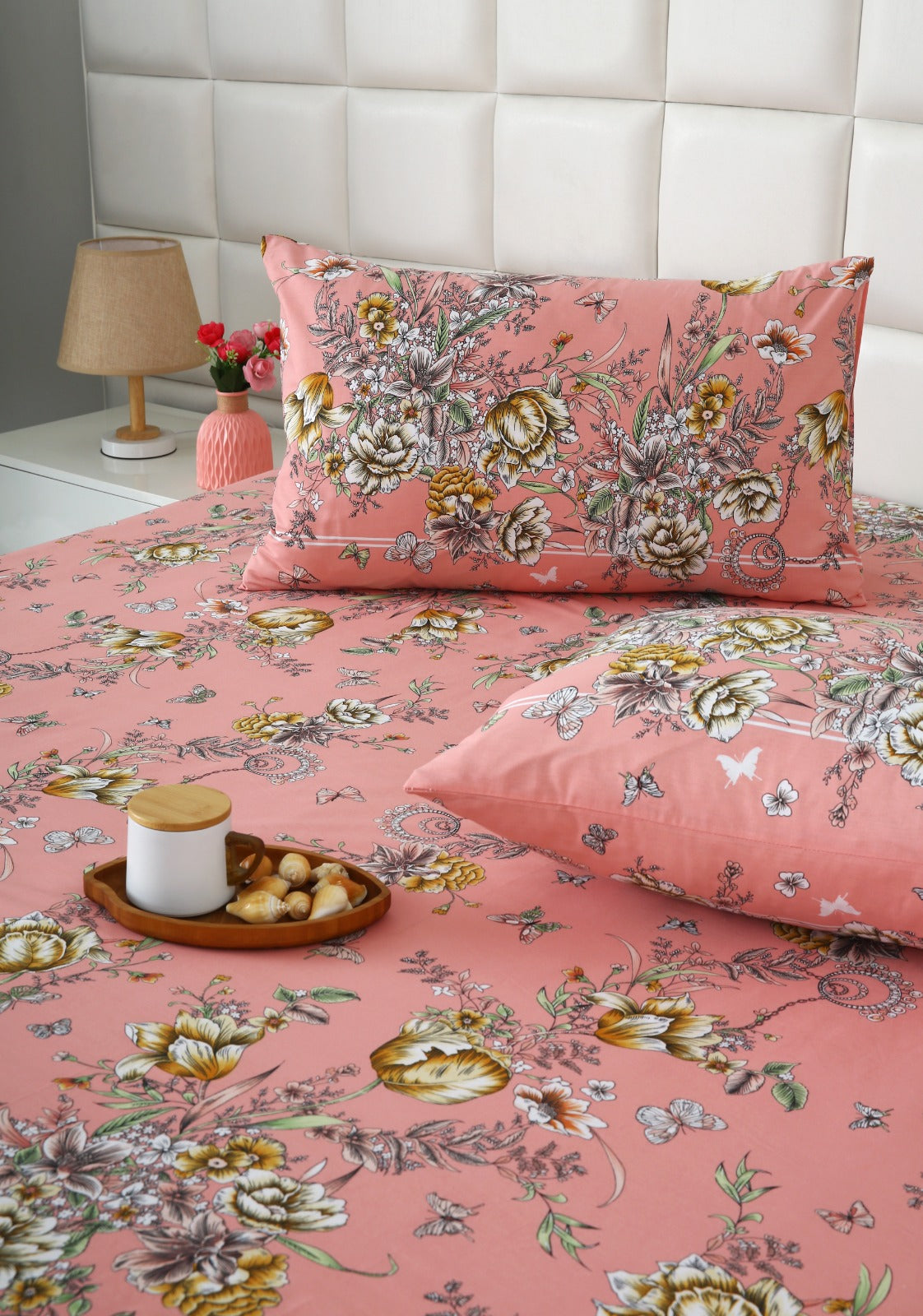 3 PCs Double Bed Sheet With Same Packing- Beatrice Vintage Bed Sheets Apricot