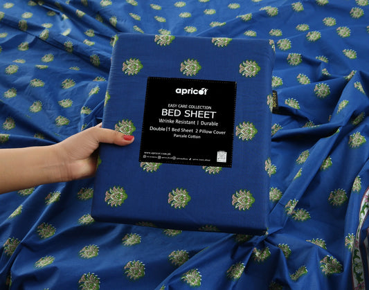 3 PCs Double Bed Sheet With Same Packing- Blue Motives Bed Sheets Apricot