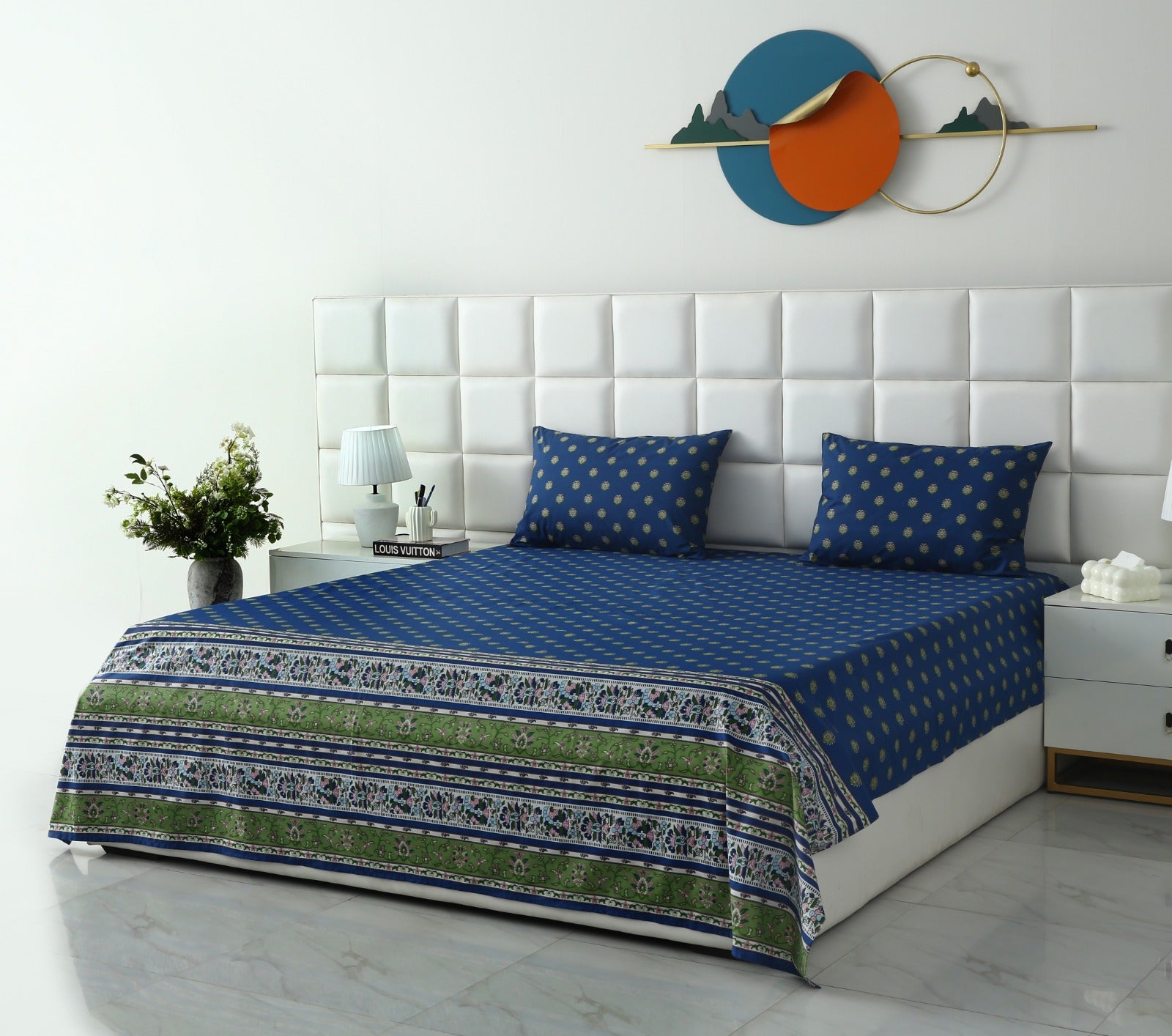 3 PCs Double Bed Sheet With Same Packing- Blue Motives Bed Sheets Apricot