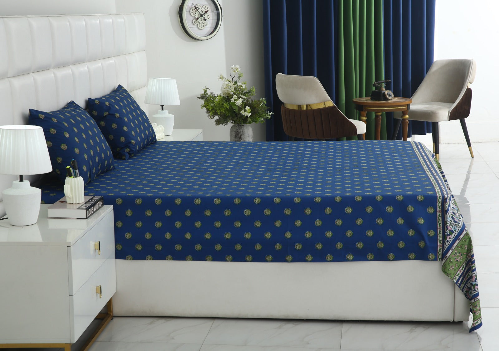 3 PCs Double Bed Sheet With Same Packing- Blue Motives Bed Sheets Apricot