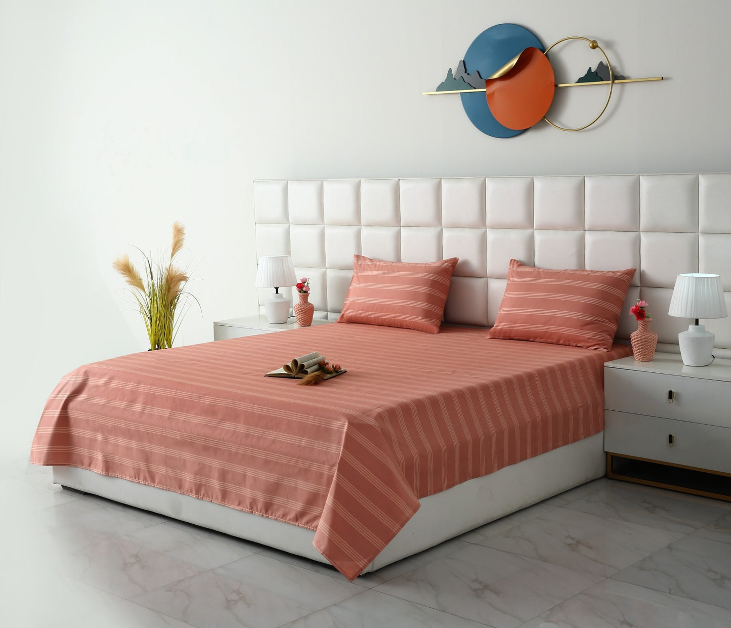 3 PCs Double Bed Sheet With Same Packing- Peach Boders Bed Sheets Apricot