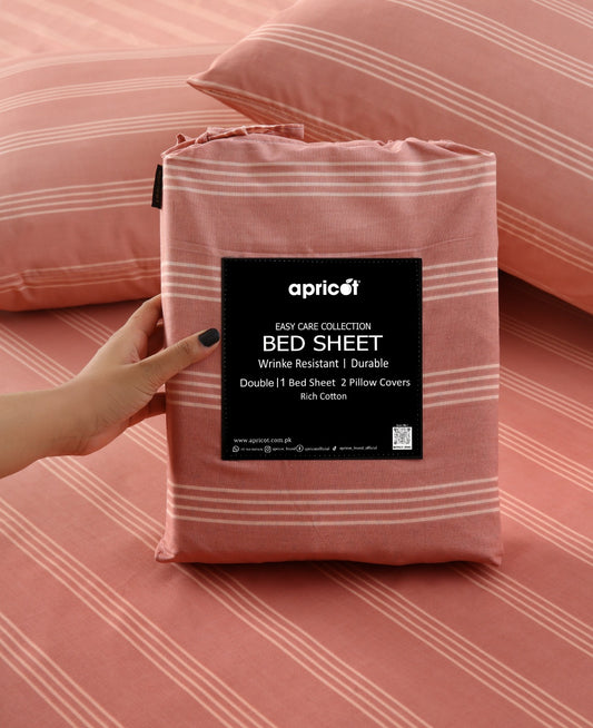 3 PCs Double Bed Sheet With Same Packing- Peach Boders Bed Sheets Apricot