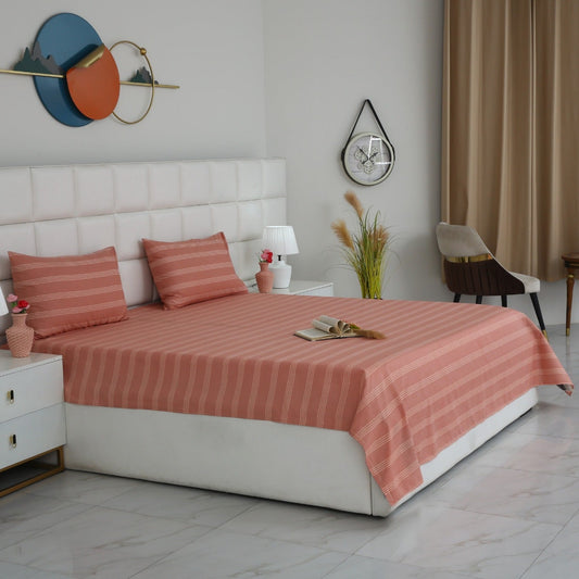3 PCs Double Bed Sheet With Same Packing- Peach Boders Bed Sheets Apricot