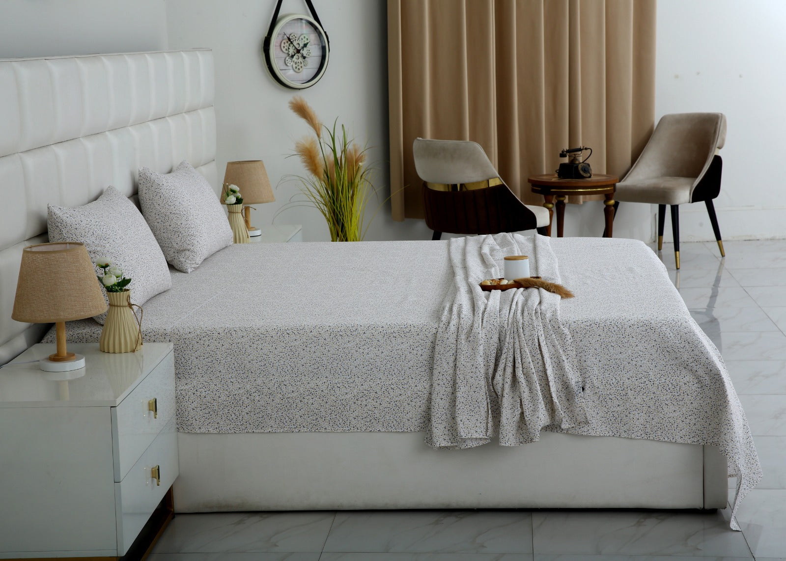 3 PCs Double Bed Sheet With Same Packing- Tiny Floret Bed Sheets Apricot