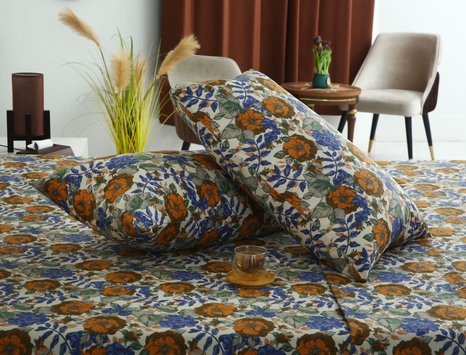 3 PCs Double Bed Sheet With Same Packing- Starlit Bloom Bed Sheets Apricot