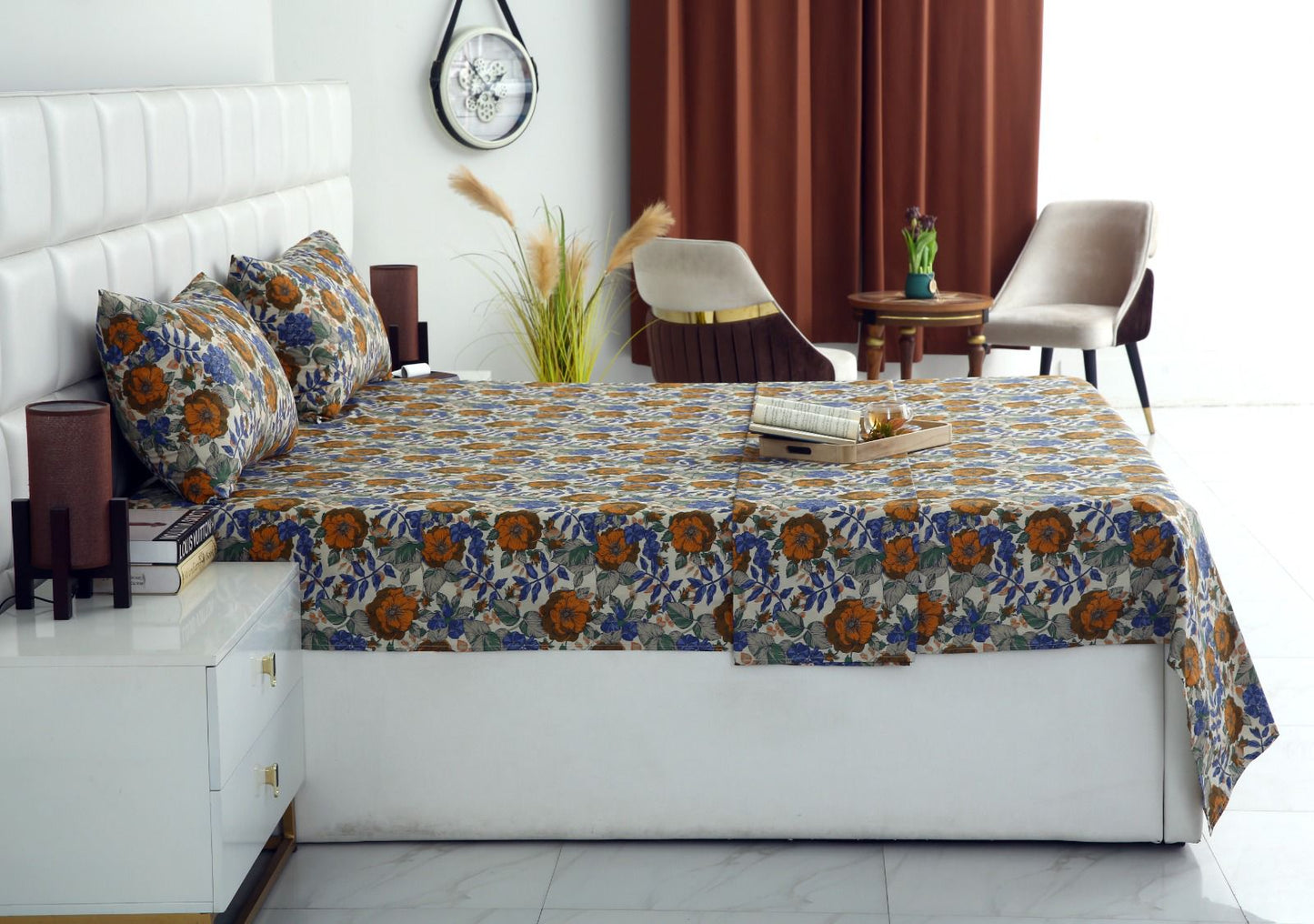 3 PCs Double Bed Sheet With Same Packing- Starlit Bloom Bed Sheets Apricot