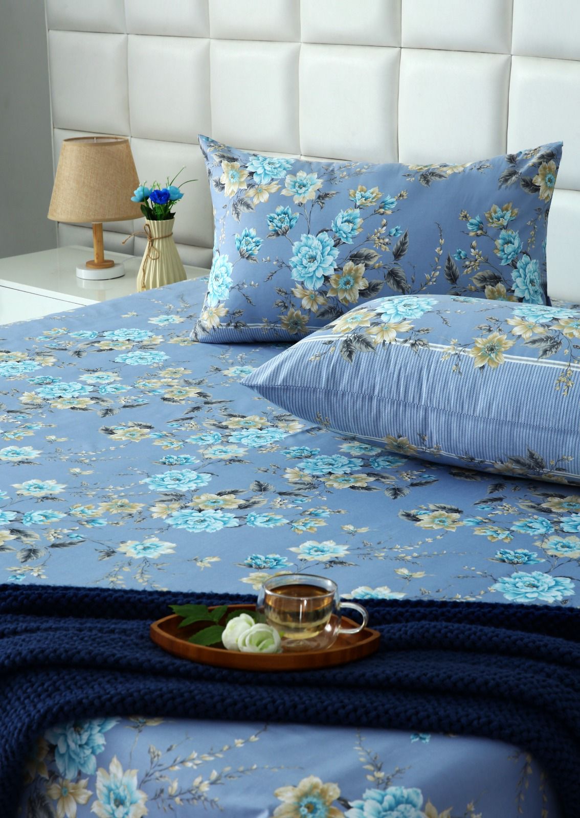 3 PCs Double Bed Sheet With Same Packing- Ocean Flowers Bed Sheets Apricot