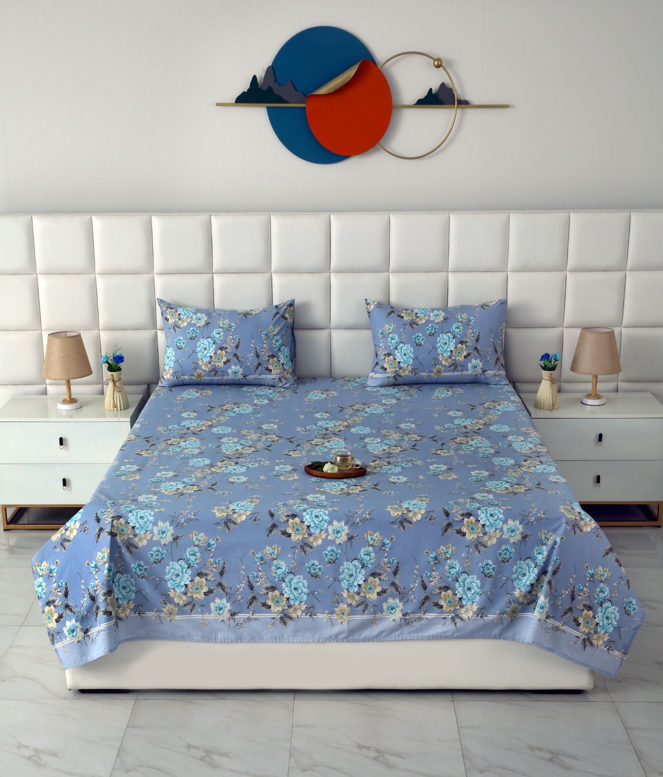 3 PCs Double Bed Sheet With Same Packing- Ocean Flowers Bed Sheets Apricot
