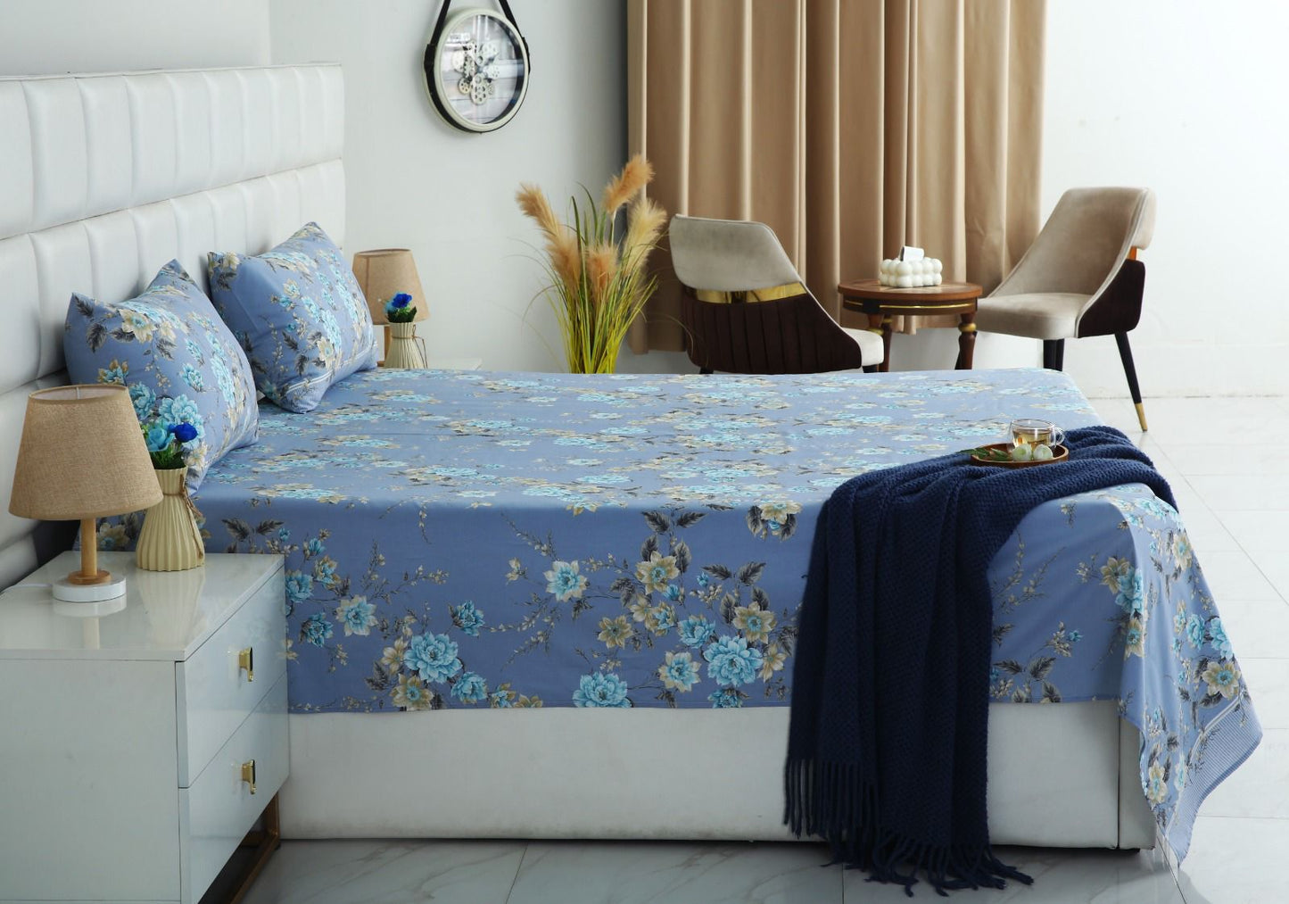 3 PCs Double Bed Sheet With Same Packing- Ocean Flowers Bed Sheets Apricot