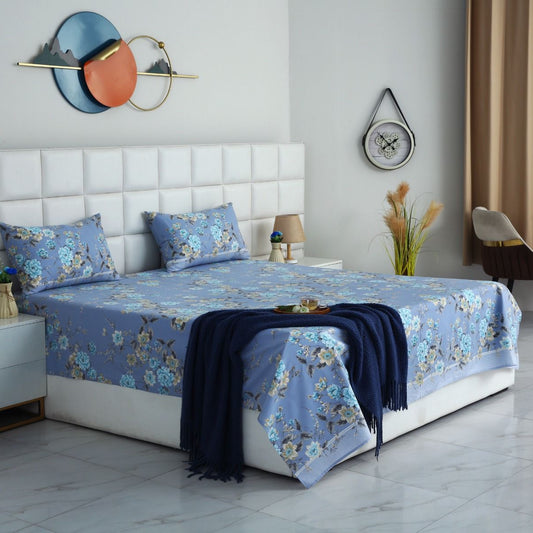 3 PCs Double Bed Sheet With Same Packing- Ocean Flowers Bed Sheets Apricot