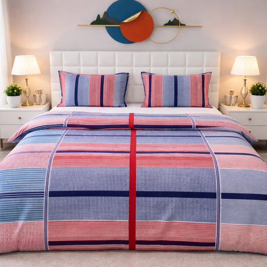 3PCs Double Duvet Cover- Maroon Check Bed Sheets Apricot