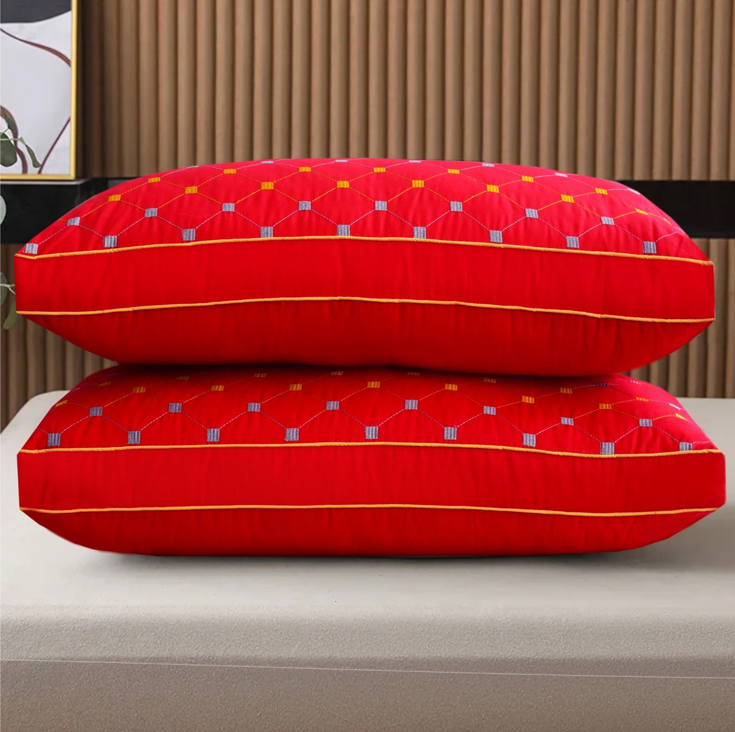 2PCs Embroidered Bed Pillows- RED FILLINGS The Apricot Linen