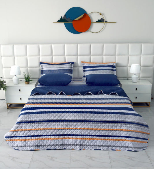 6 PCs Bed Spread Set- Multi Bands Bed Spread Apricot