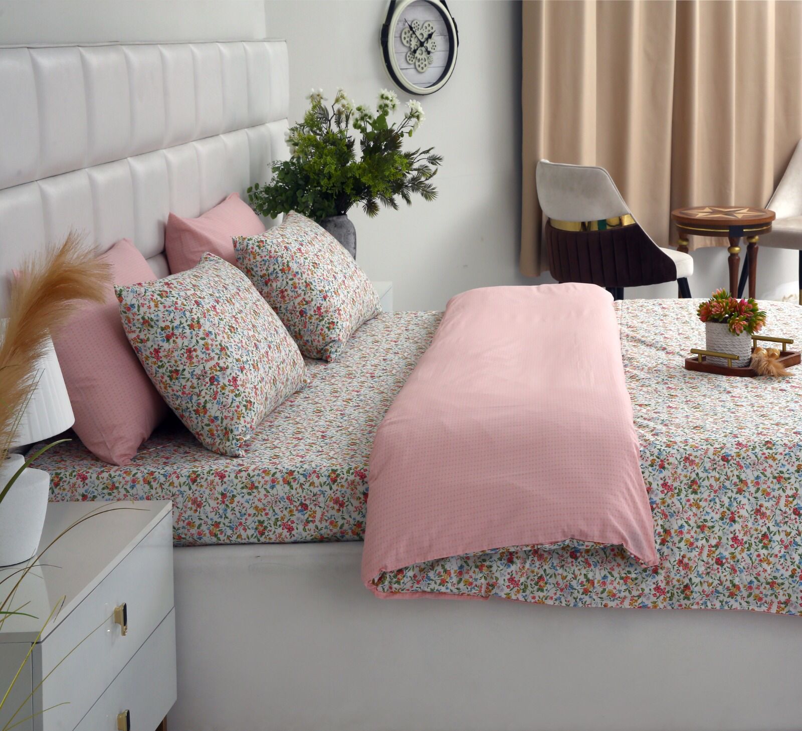 6PCs Duvet Cover- Pink Tiny Flowers Bed Sheets Apricot