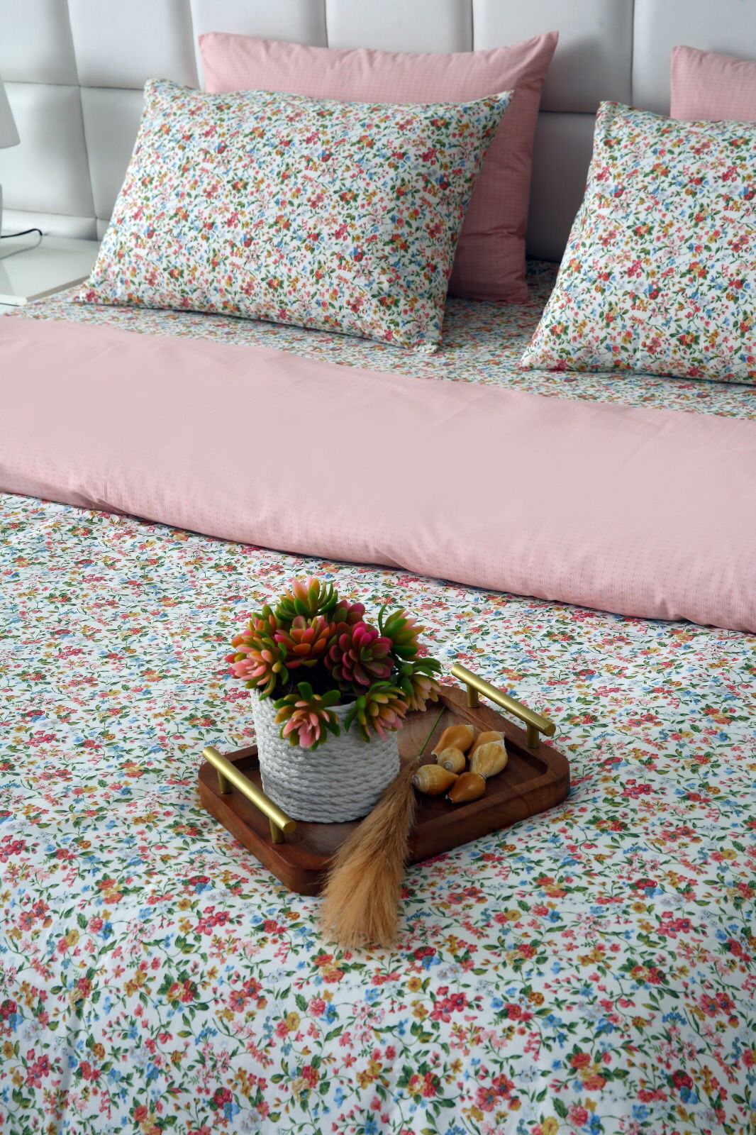 6PCs Duvet Cover- Pink Tiny Flowers Bed Sheets Apricot
