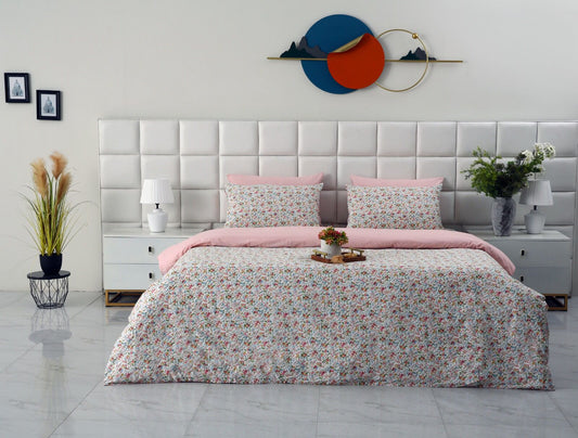 6PCs Duvet Cover- Pink Tiny Flowers Bed Sheets Apricot