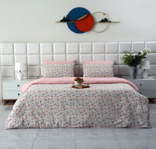 6PCs Duvet Cover- Pink Tiny Flowers Bed Sheets Apricot
